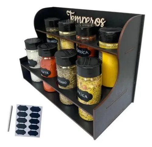 Porta Temperos E Condimentos Luxo 8 Potes Mais Etiquetas Preto