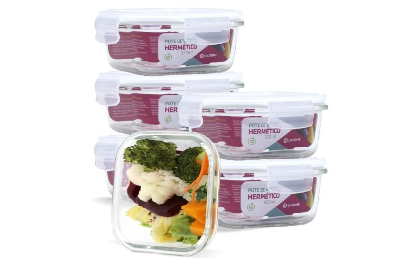 KIT 6 Potes de Vidro Quadrado com Tampa Hermética 520ml