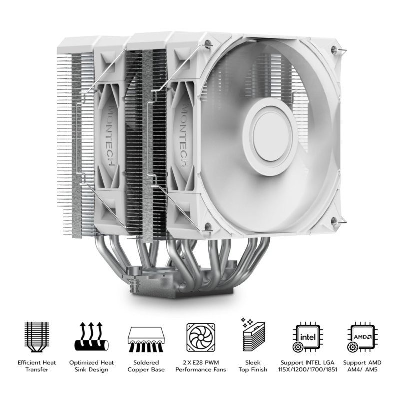 Air Cooler Montech Nx600, Dual Tower, 120mm, Intel e Amd, Branco - Nx600w