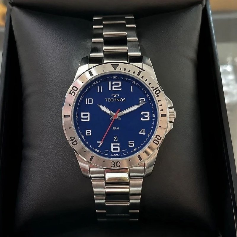Relógio Technos Masculino 2115NAP/1A 45 Milímetros Casual em Aço Inoxidável Prova D´Agua 50 Metros com Calendário Fundo Azul