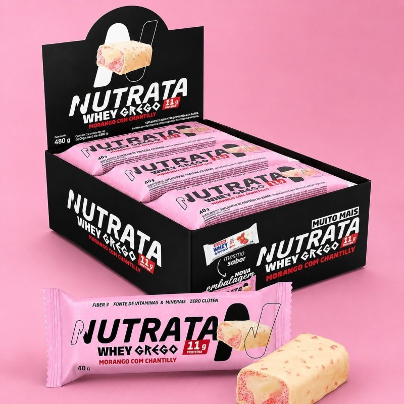 Barra Whey Grego 40g Display com 12 unidades Morango com Chantilly Nutrata