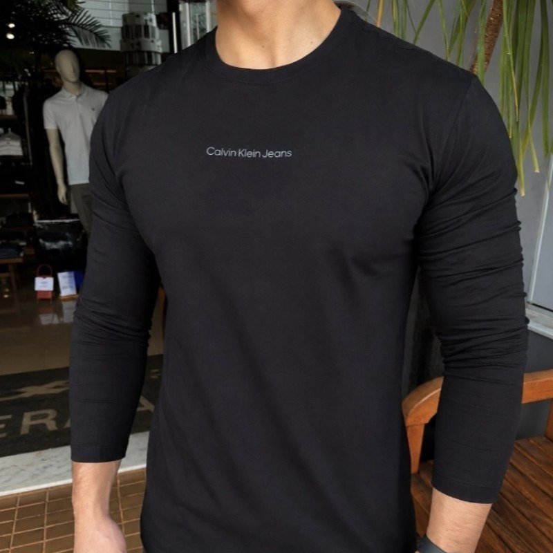 Camiseta Calvin Klein Manga Longa Institutional Grey Preta (P ao XGG)