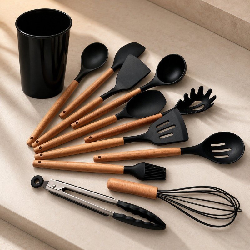 Kit C/12 Utensílios De Cozinha Silicone Cabo Madeira + Frete Grátis