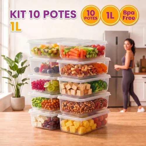 Kit 10 Potes 1 Litro Transparente Marmita Fitness BPA Free Tampa Hermética