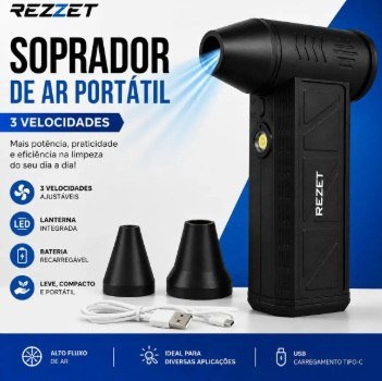 Soprador De Ar Mini Turbo Portátil Usb Sem Fio Recarregável Para Limpeza Com 2 Bicos E Inflar Preto 127/220v