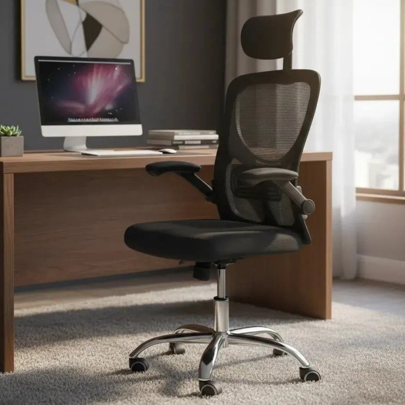Cadeira De Escritório Ergonômica Ravena Apoio Lombar E Nuca Preto Espuma, Mesh Respirável
