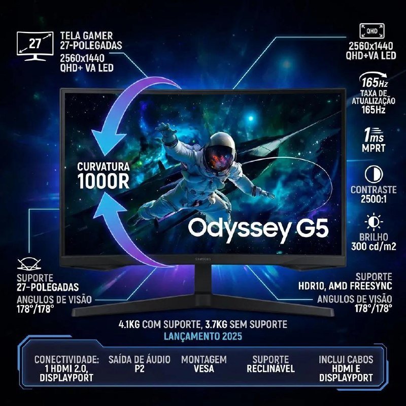 Monitor Gamer Samsung Odyssey G5 27" QHD 165Hz