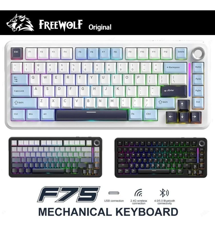 Teclado Mecânico Gamer Sem Fio Freewolf F75 Rgb