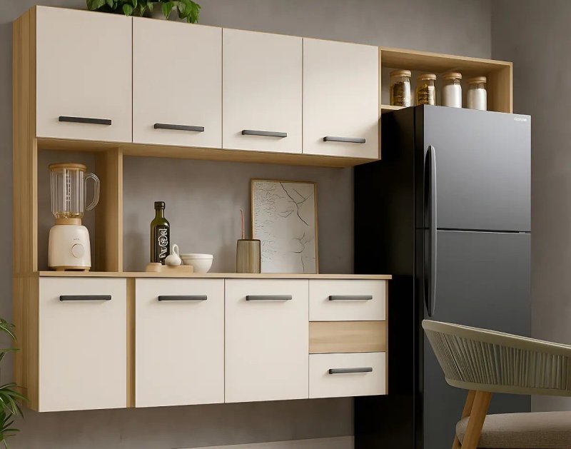 Kit Armário De Cozinha Multiuso Compacta Suspensa Com 7 Portas E 2 Gavetas Cor Cinamomo Off