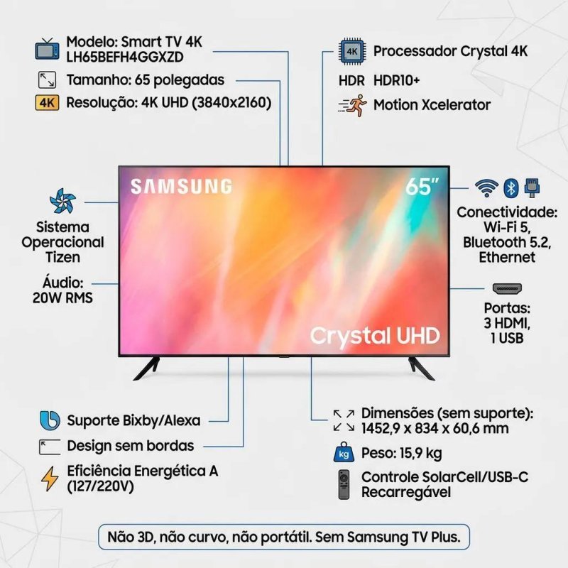 Smart TV Samsung 65" Crystal UHD 4K Tizen