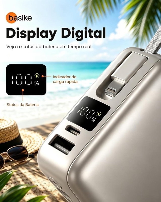Power Bank Basike 20.000mAh 22,5W com Cabos Integrados