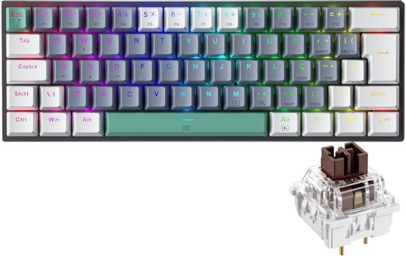 Teclado Mecânico Gamer Machenike K500-B61, RGB Switch Brown, HotSwap, Cinza e Branco C/Fio PTBR