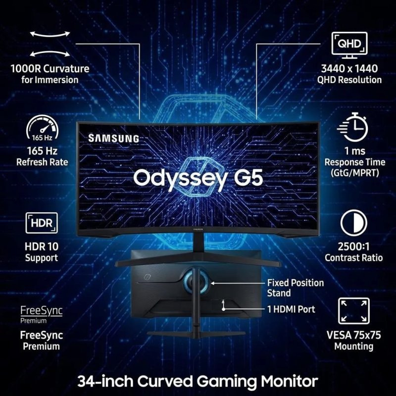 Samsung Odyssey 34" G5 165Hz 1ms Ultrawide - Gamer Curvo Preto