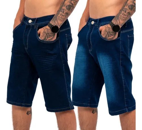 Kit 2 Bermudas Jeans Masculina Lycra Elastano