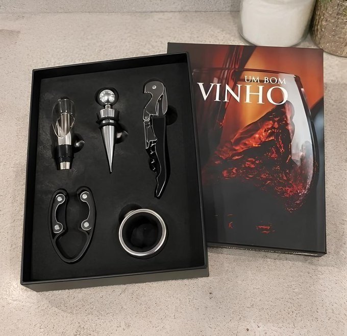 Kit Para Vinho 5 Peças: Abridor, Dosador, Saca Rolhas E Tampa + Frete Grátis