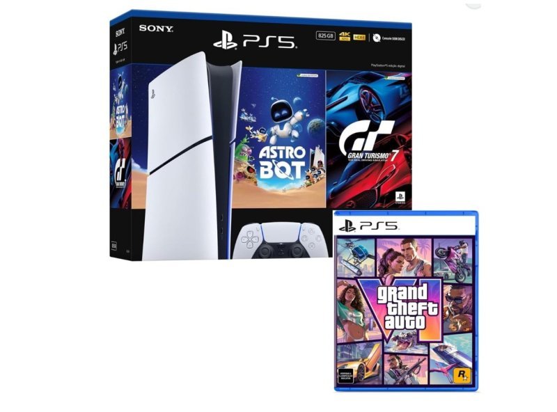 Bundle GTA VI + PlayStation 5 Slim Digital 825 GB Pacote Astro Bot e Gran Turismo 7