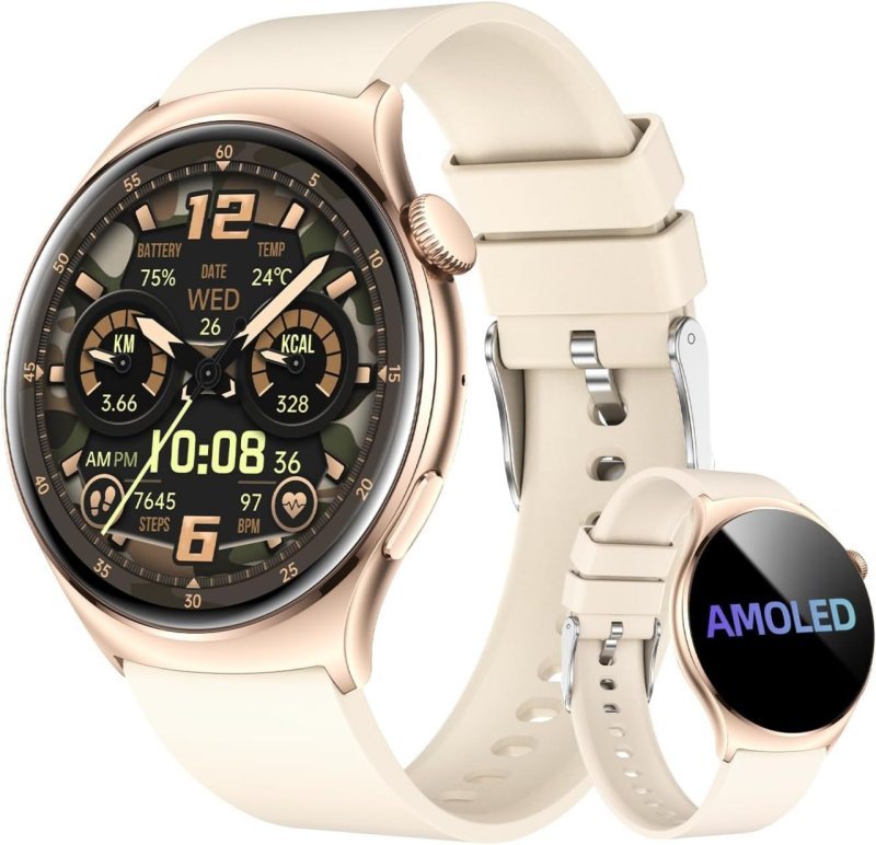 Bettdow Smartwatch Feminino Redondo AMOLED 1.43" - 178+ Modos Esportivos - IP68 - Bege
