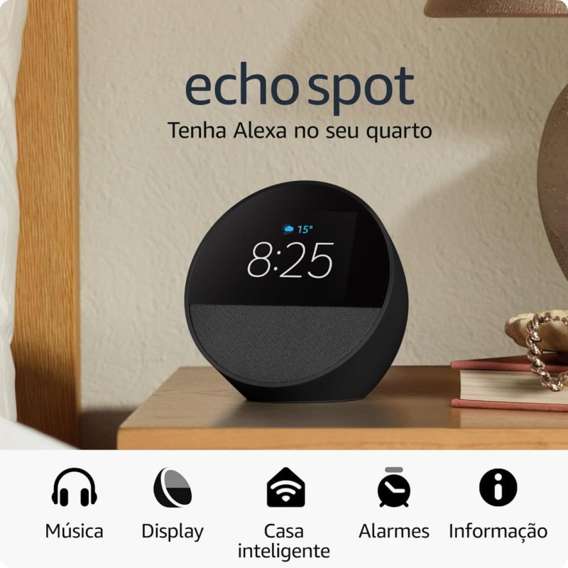 Echo Spot com Alexa - Despertador Inteligente - Som Vibrante - Preto
