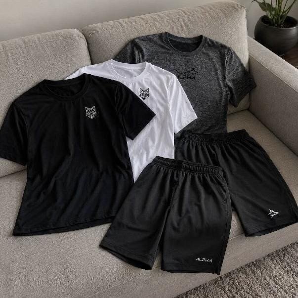 Kit 5 Peças All Black Dry 3 Camisetas E 2 Bermudas Alpha