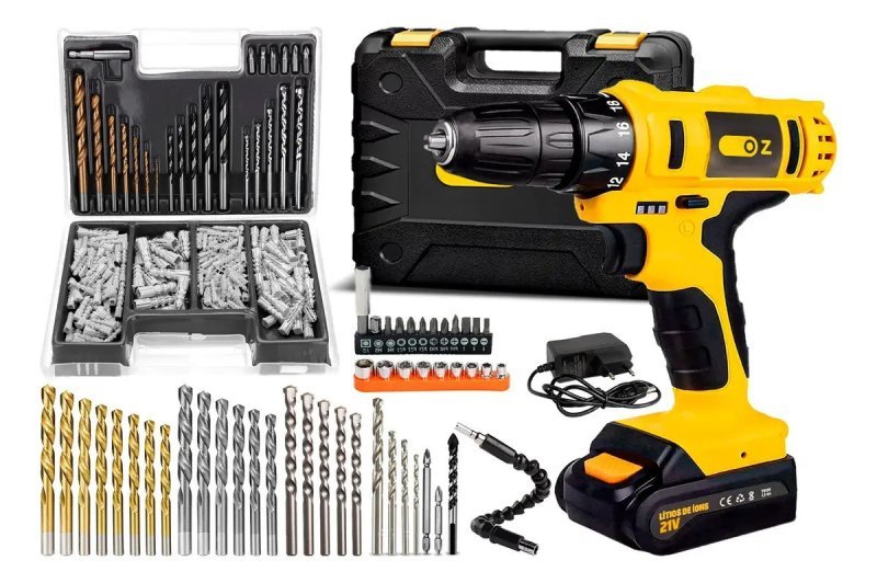 Parafusadeira Furadeira De Impacto 21v Pb6500k Oz Com Kit Brocas E Buchas 300 Peças