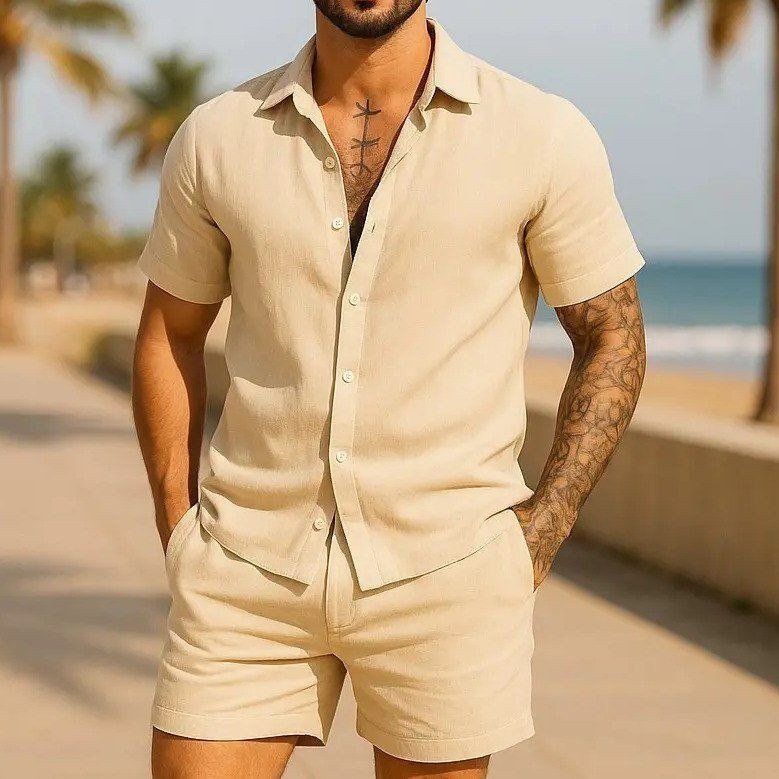 Conjunto Casual Linho Masculino Camisa Botão Bermuda Cordão