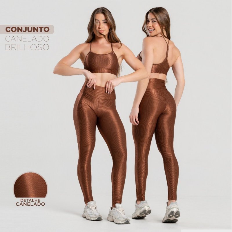 Conjunto Fitness Feminino Trilobal Canelado–Top Alcinha+Legging Cós Alto Modelador Brilhoso Academia