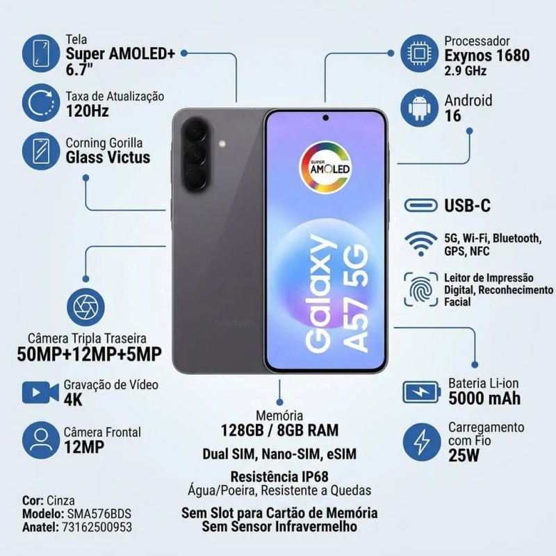 Samsung Galaxy A57 5G - 128GB 8GB RAM - Câmera 50MP - IP68