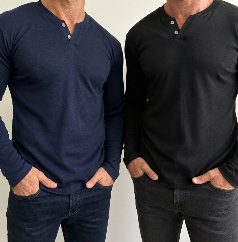 Kit 2 Camiseta Henley Masculina Manga Longa Slim 2 Botões