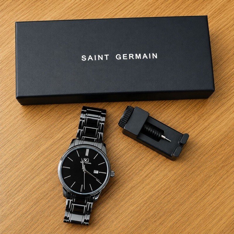 Relógio Chroma Masculino Preto Saint Germain Clássico Caixa Preta Detalhes Prata 42mm