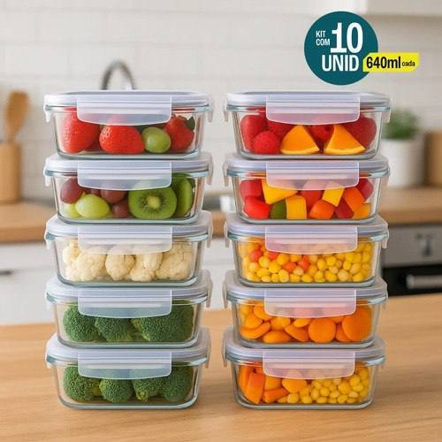 Kit 10 Potes De Vidro Hermético 640ml 4 Travas Cinza