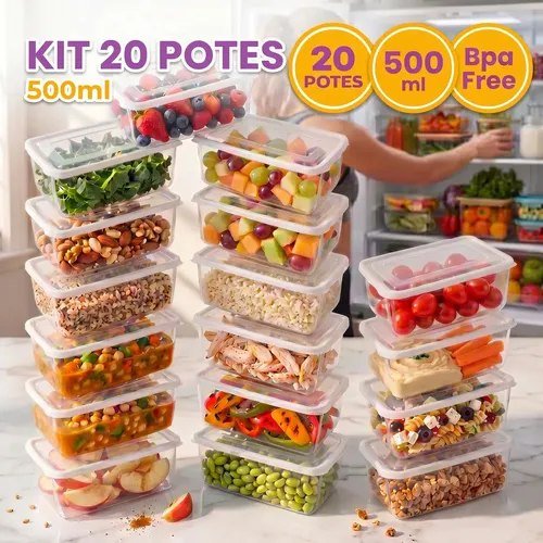 Kit 20 Potes 500 Ml Transparente Marmita Fitness BPA Free Reutilizável Tampa Hermética Micro e Freezer