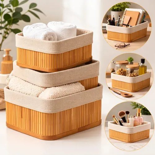 Kit 3 Cestos Organizadores de Bambu Retangulares com Forro Lavável Multiuso Organizar Casa Banheiro Cozinha Guarda-Roupa Lavanderia