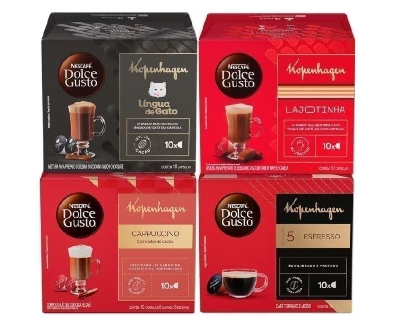 Kit Dolce Gusto + KOPENHAGEN - 40 cápsulas - Língua de Gato, Lajotinha, Cappuccino e Espresso
