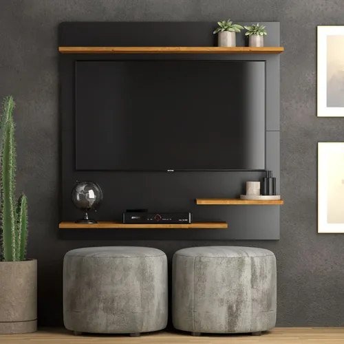 Painel Suspenso Preto/Nature Para TV Até 32" Com Prateleiras MDP