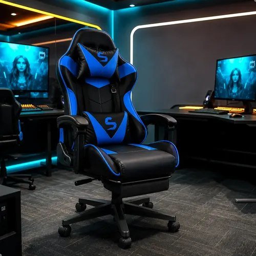 Cadeira Gamer Escritório Ergonômica Confortável Reclinável Azul Couro Sintético