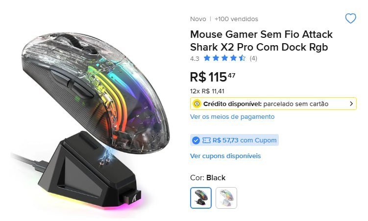 Mouse Gamer Sem Fio Attack Shark X2 Pro Com Dock RGB