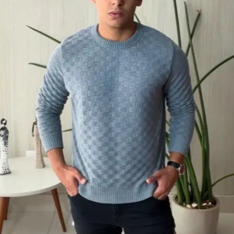 Suéter Masculino Lã Tricot Manga Longa Xadrez Blusa De Frio