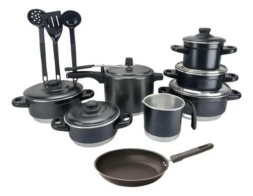 Jogo de Panelas Extra Forte Luxo 12 Peças com Panela de Pressão e Frigideira Antiaderente Preto Craqueado