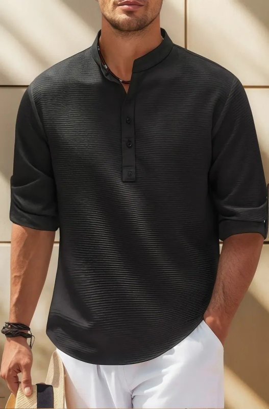 Camisa Casual Masculina Gola Padre De Manga Comprida Solta