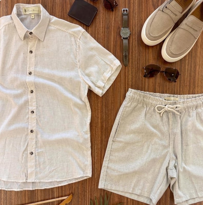 Conjunto Casual Linho Masculino Camisa Botão Bermuda Cordão