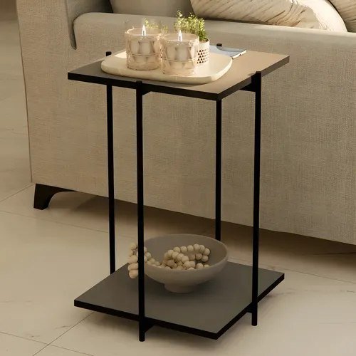 Mesinha Lateral Alta Tampo Duplo Estilo Industrial Pé Ferro Cor Gianduia