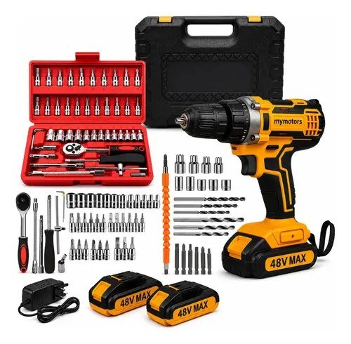 Parafusadeira Furadeira De Impacto 2 Baterias + Kit 46 Peças Amarelo 127/220v 50hz/60hz