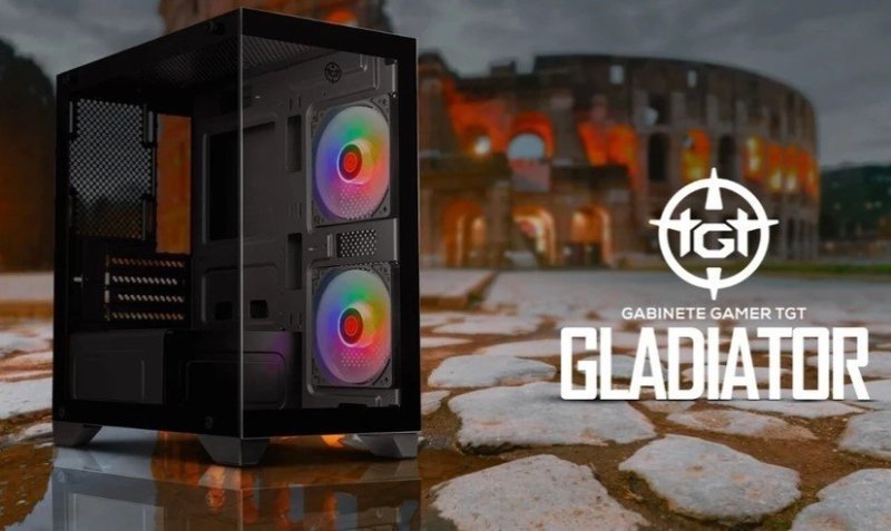 Gabinete Gamer TGT Gladiator, Rainbow, Mid-Tower, Lateral de Vidro, Com 2 Fans, Preto, TGT-GLD-BK