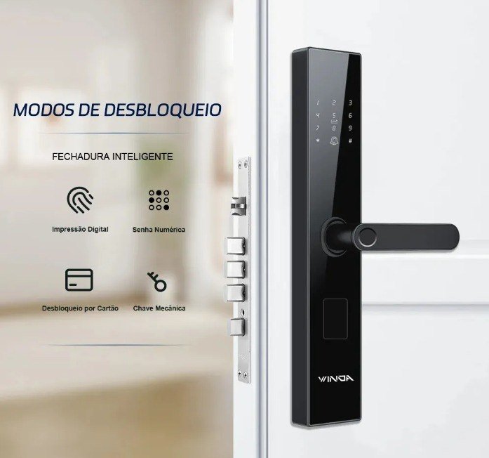 Fechadura Digital Inteligente Para Porta Digitais Eletricas Com Senha Biometria Cartão E Chave Preto Fosco Winda + Frete Grátis