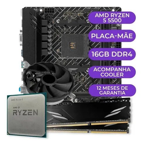 Kit Upgrade Gamer Amd Ryzen 5 5500 + A520m + 16GB Ddr4 Cor Preto