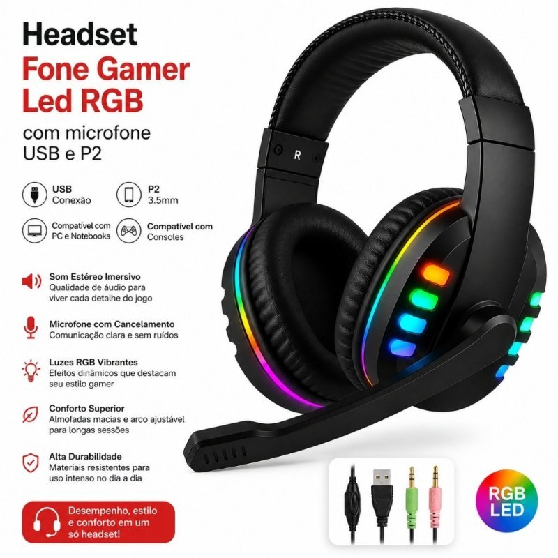 Headset Fone Gamer Led RGB com microfone USB e P2 Para PC Computador Headphone Videogame