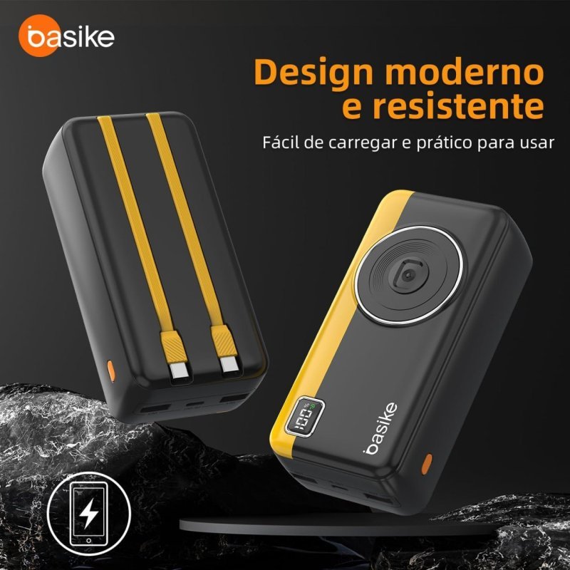 Basike Power Bank 30000mAh - Carregamento Rápido 22.5W - 2 Saídas USB + Tipo-C - Preto