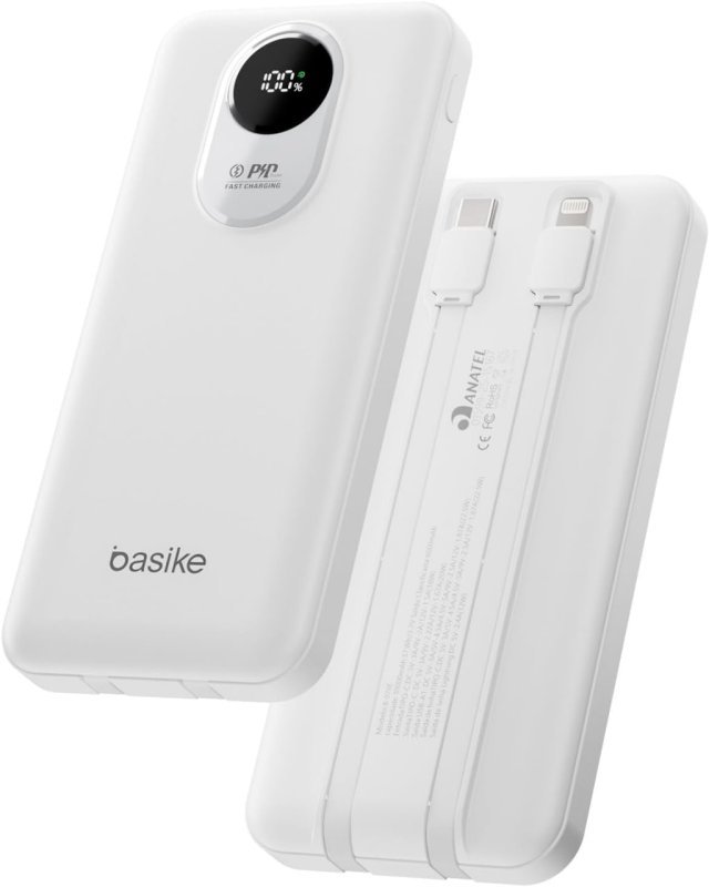 Basike Power Bank 10000mAh - Carregamento Rápido 22,5W - 2 Cabos Integrados - Branco