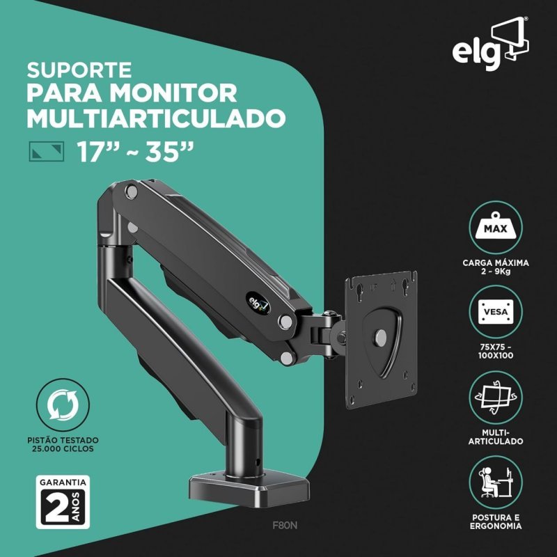 ELG F80N - Suporte Articulado de Mesa - Pistão a Gás - 17'' a 35''