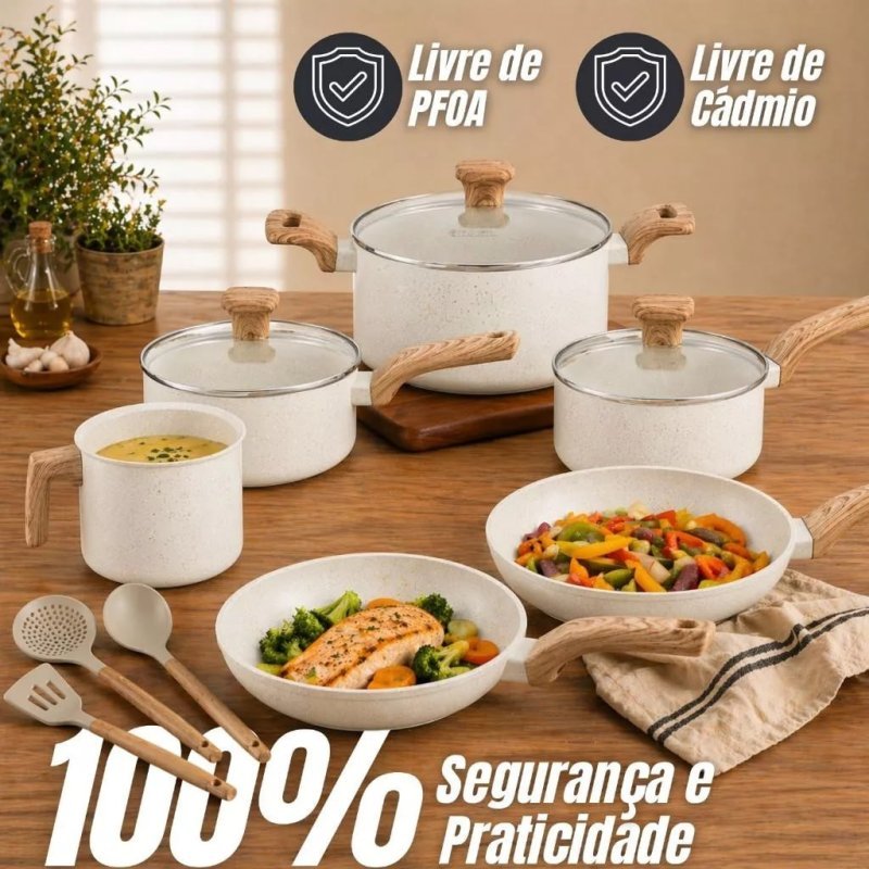 Jogo de Panelas 6 Peças Antiaderentes com Tampa de Vidro Temperada com 4 Utensílios de Cozinha